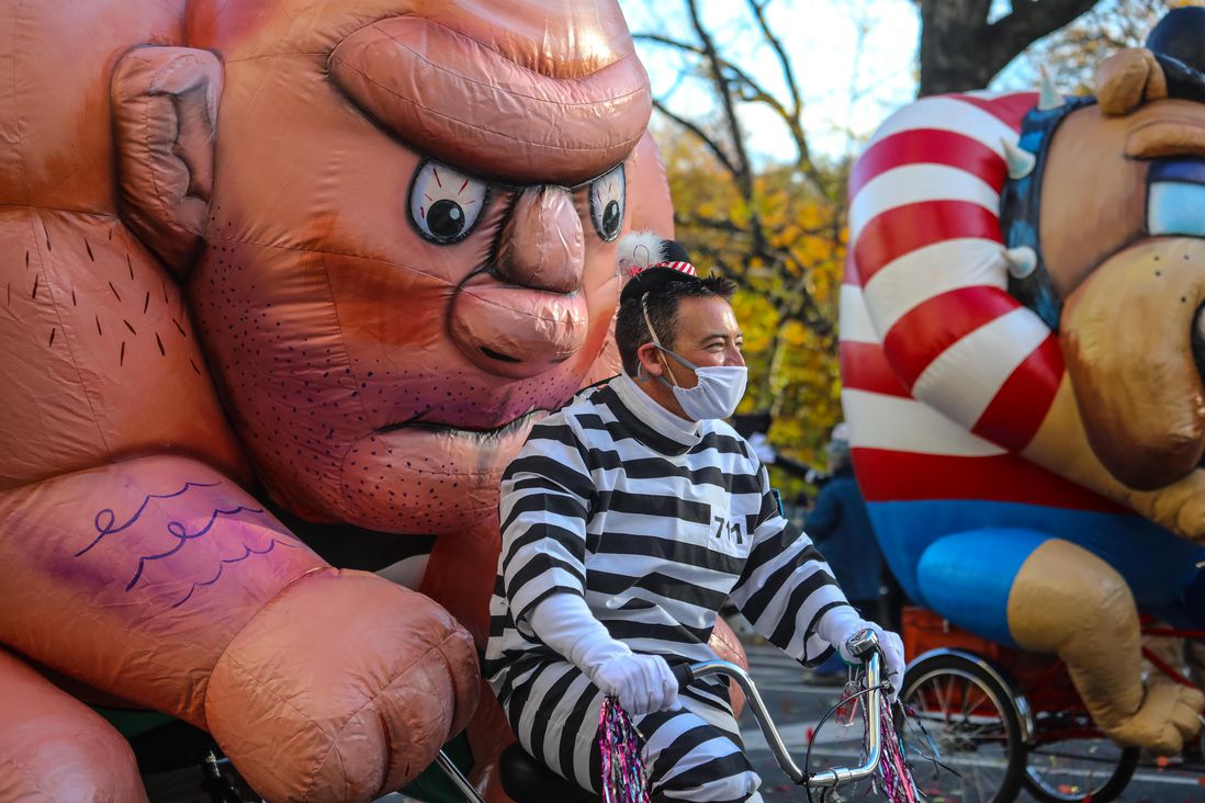 Photographs of balloons, floats, and performers at the parade